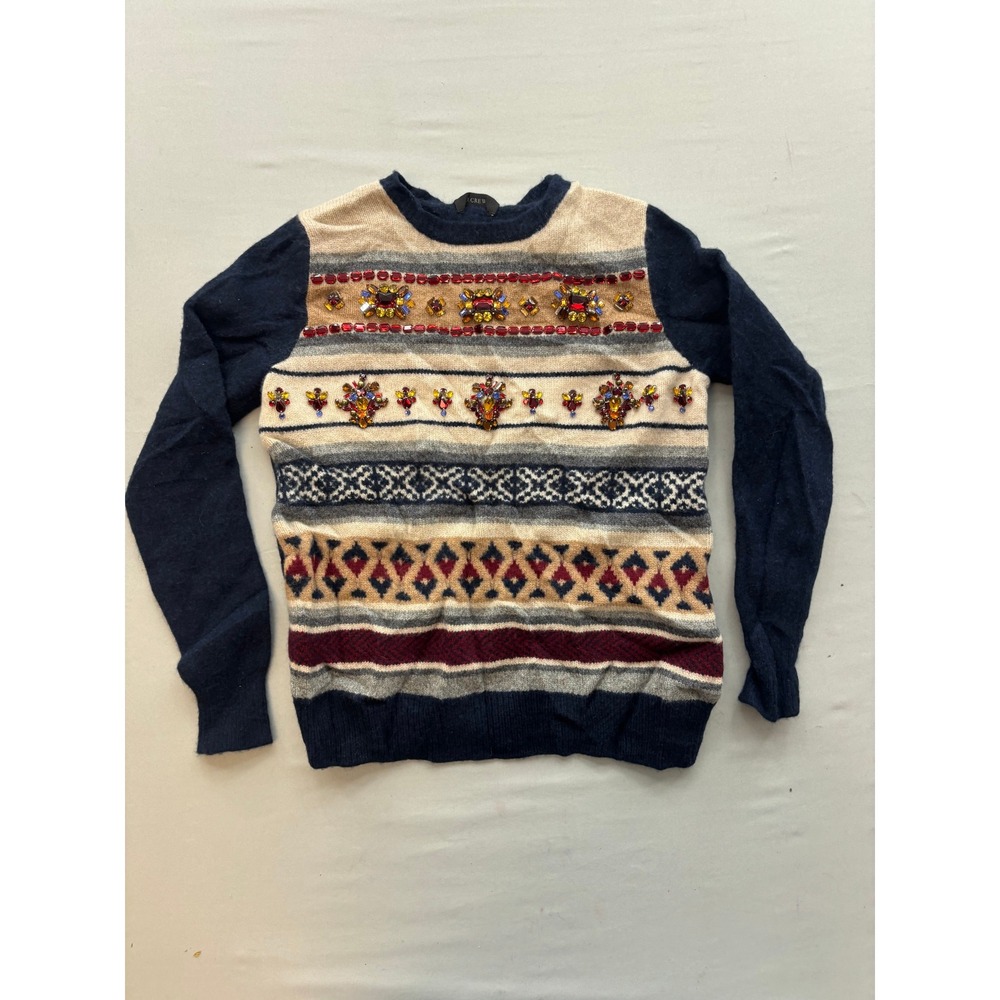 J.Crew Wool Embellished Fair Isle Jewel Sweater Navy Blue Small 07873